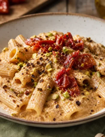 Rigatoni integrali con pesto di pomodori secchi, ricotta e pistacchi