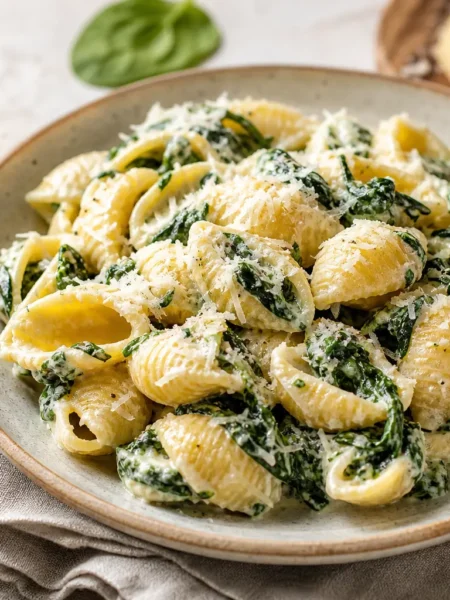 Pasta con ricotta, spinaci e limone servita con parmigiano