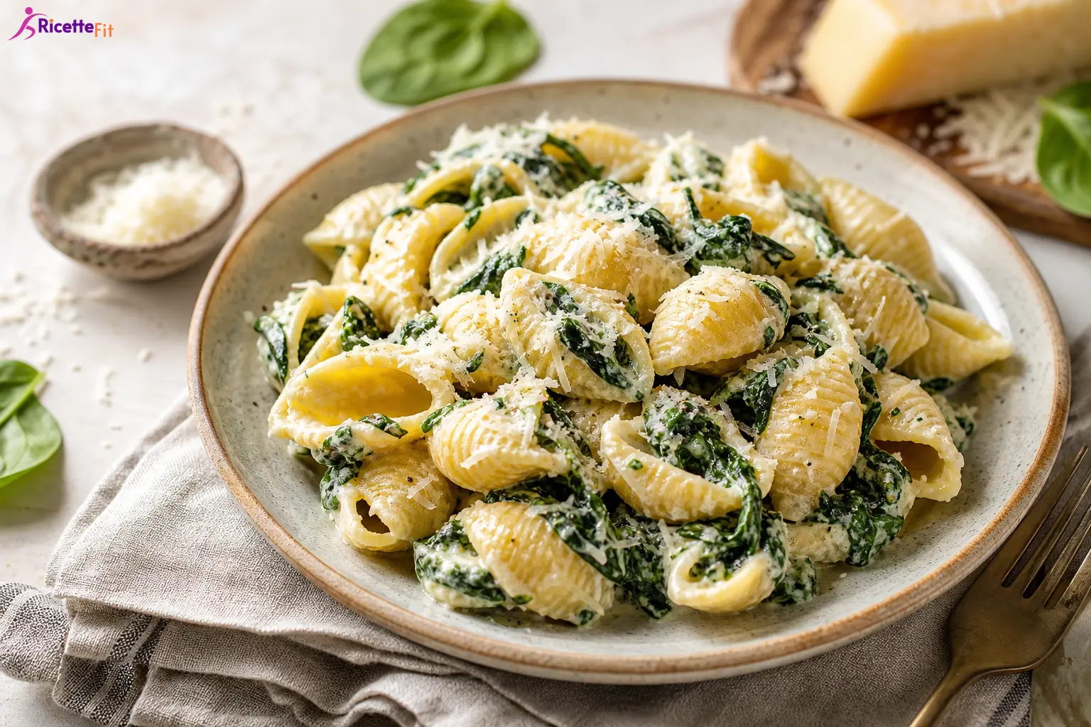 Pasta con ricotta, spinaci e limone