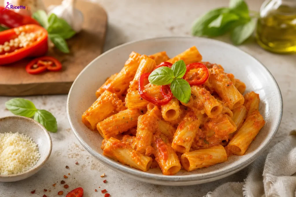 Pasta cremosa con peperoni e Philadelphia light in ciotola con basilico