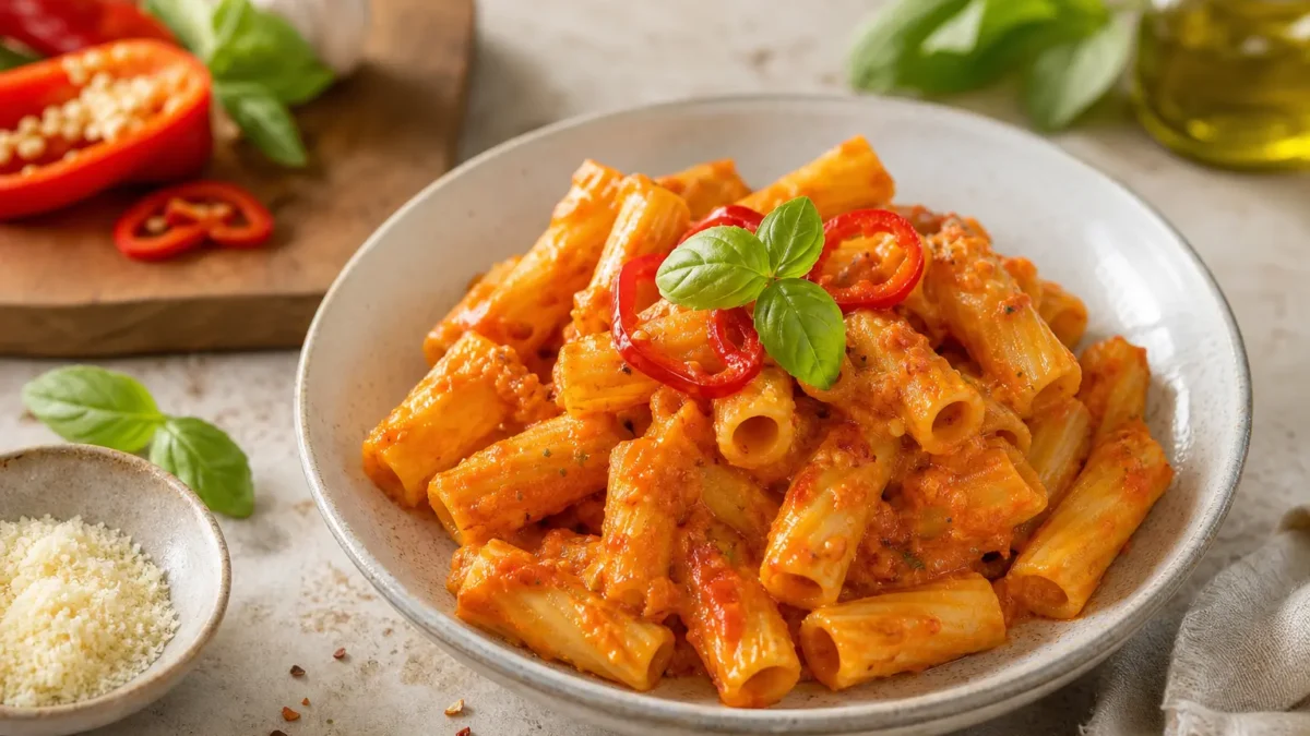 Pasta cremosa con peperoni e Philadelphia light in ciotola con basilico