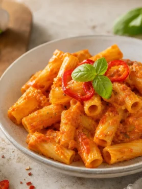 Pasta cremosa con peperoni e Philadelphia light in ciotola con basilico