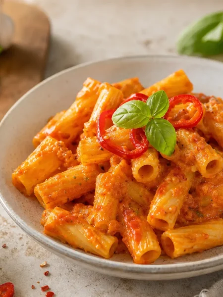 Pasta cremosa con peperoni e Philadelphia light in ciotola con basilico