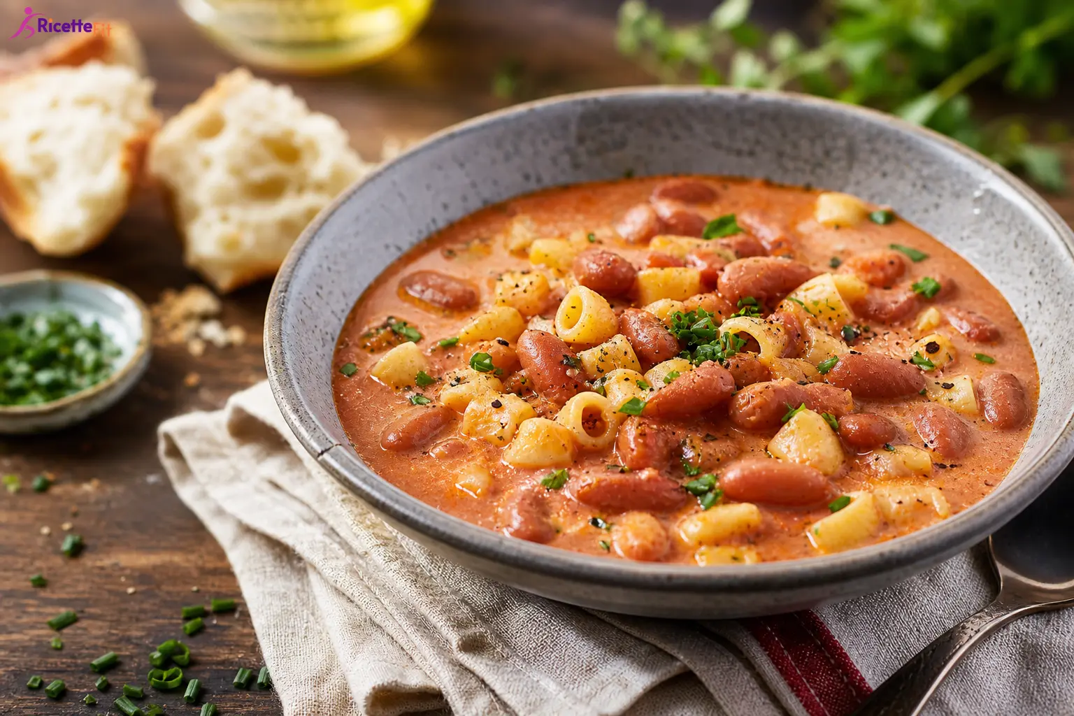 Pasta e fagioli alla veneta fit cremosa con borlotti e pasta integrale