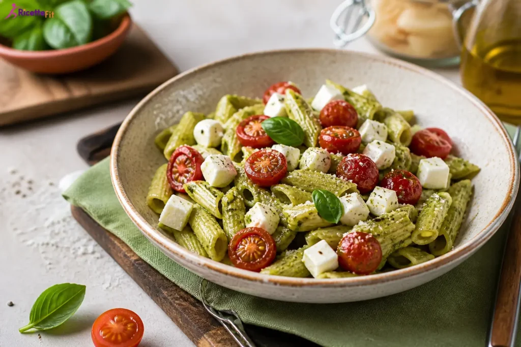 Pasta fredda al pesto di rucola con pomodorini e mozzarella light