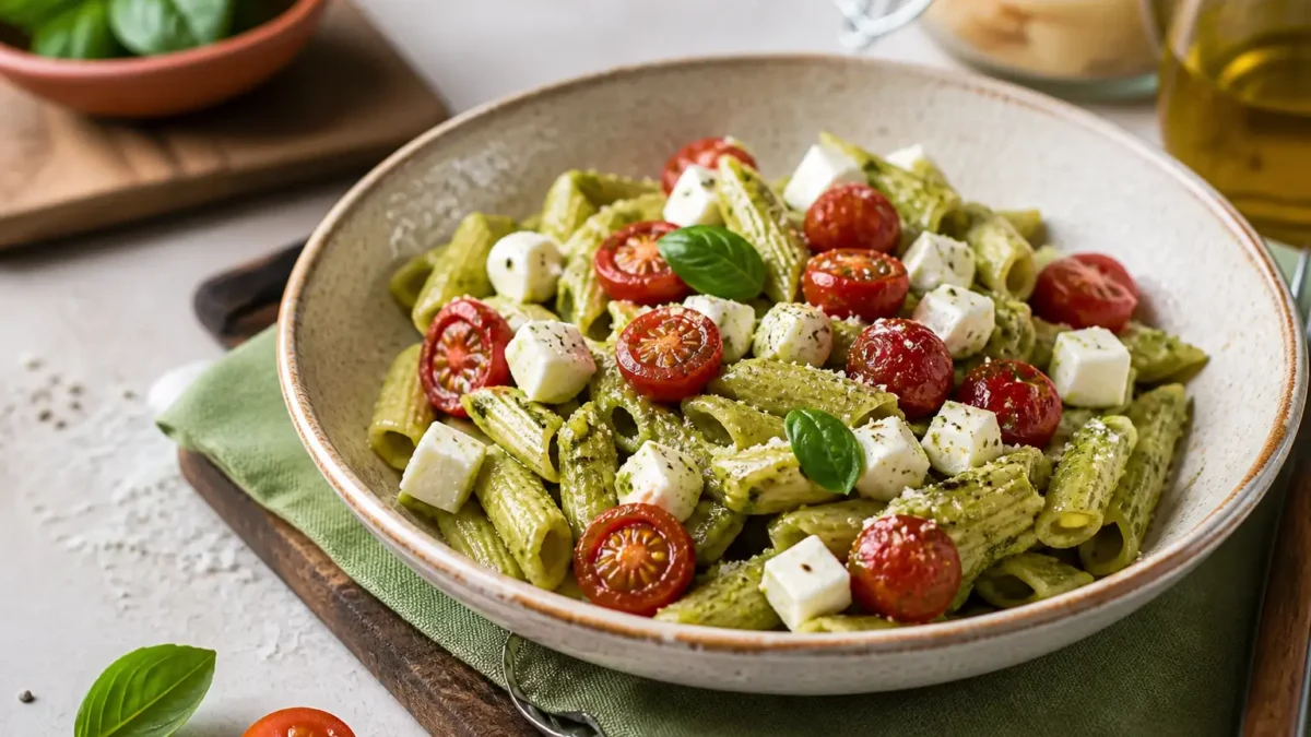 Pasta fredda al pesto di rucola con pomodorini e mozzarella light