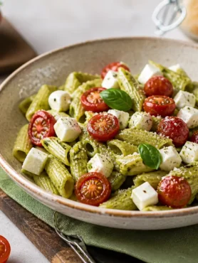 Pasta fredda al pesto di rucola con pomodorini e mozzarella light