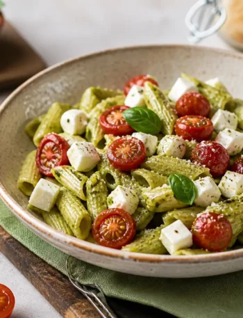 Pasta fredda al pesto di rucola con pomodorini e mozzarella light