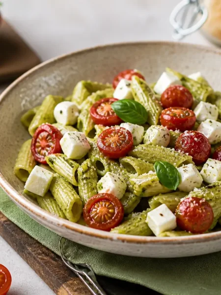 Pasta fredda al pesto di rucola con pomodorini e mozzarella light