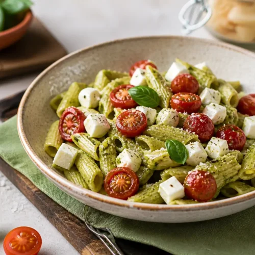 Pasta fredda al pesto di rucola con pomodorini e mozzarella