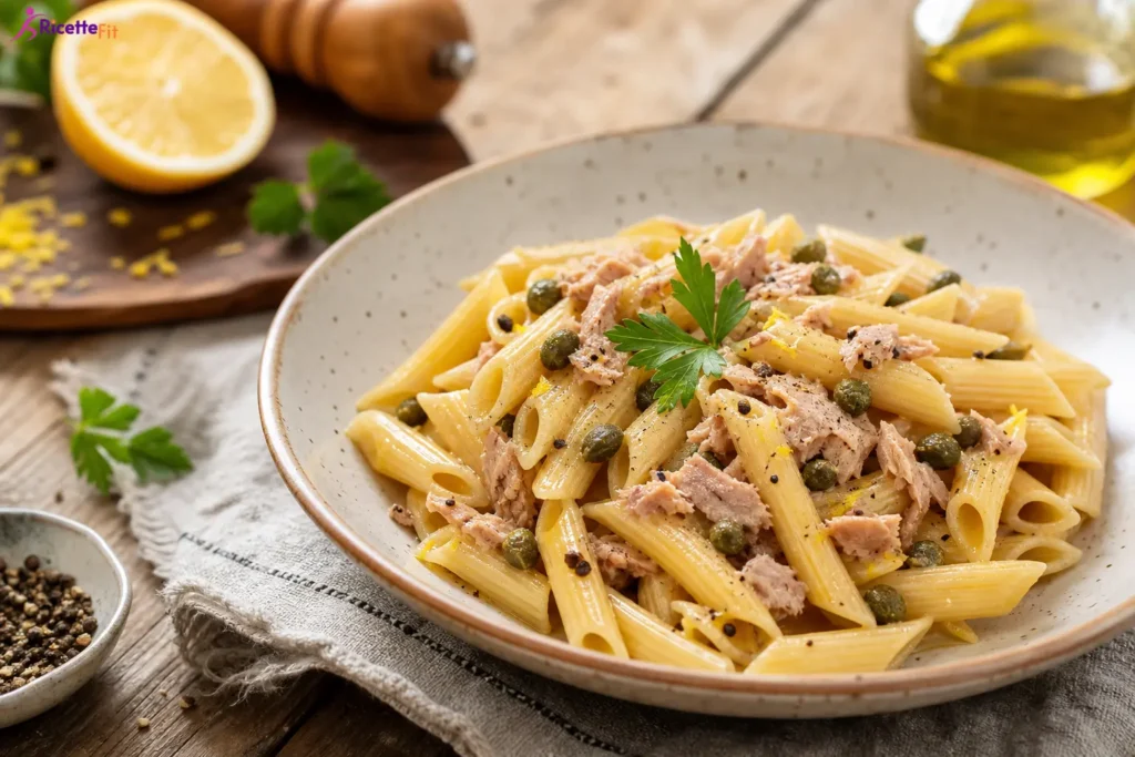 Pasta integrale con tonno, capperi e limone in piatto fondo