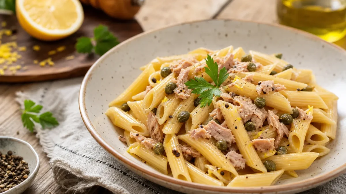 Pasta integrale con tonno, capperi e limone in piatto fondo
