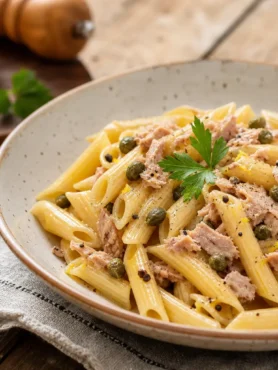 Pasta integrale con tonno, capperi e limone in piatto fondo