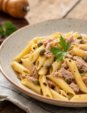Pasta integrale con tonno, capperi e limone in piatto fondo