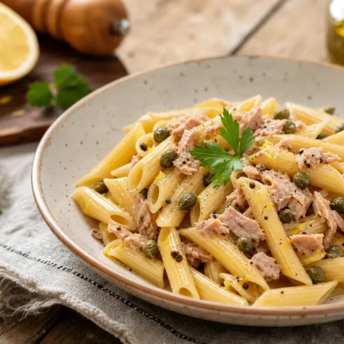 Pasta integrale con tonno, capperi e limone
