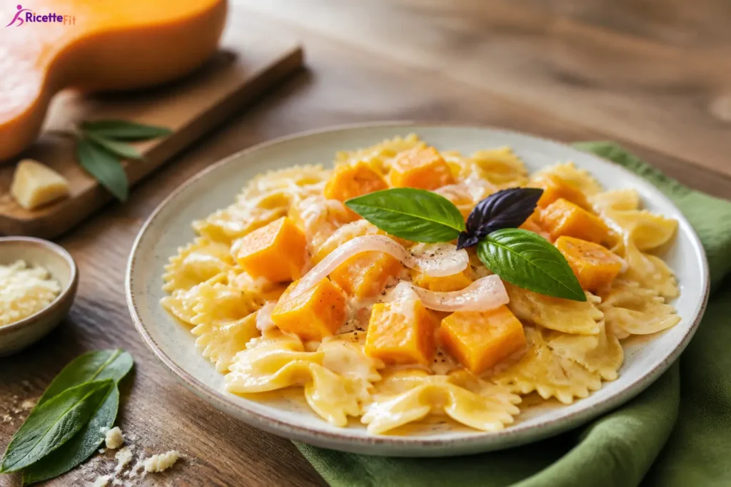 Pasta zucca e latte di cocco con farfalle cremose e basilico fresco