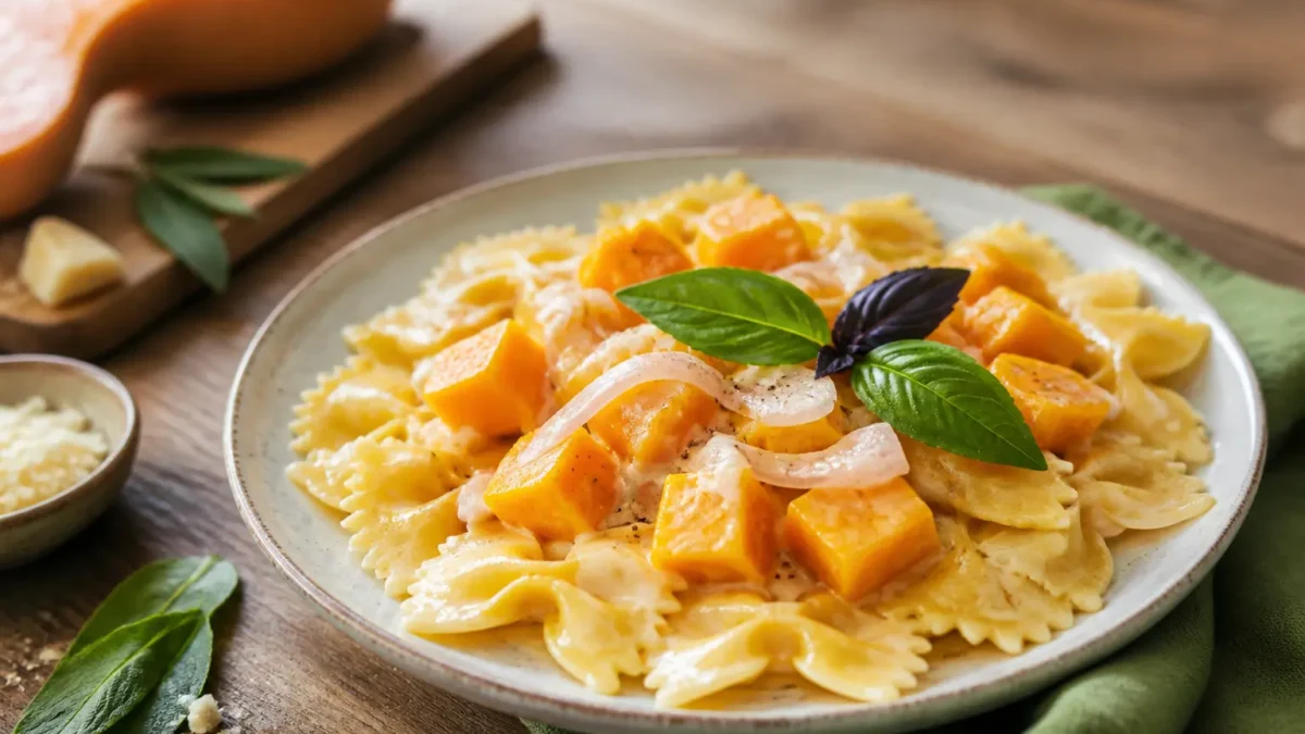 Pasta zucca e latte di cocco con farfalle cremose e basilico fresco