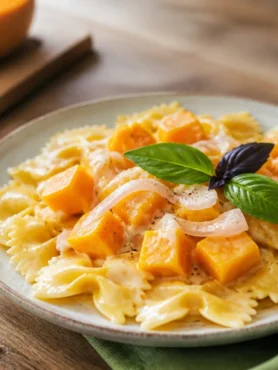 Pasta zucca e latte di cocco con farfalle cremose e basilico fresco