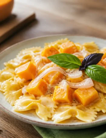 Pasta zucca e latte di cocco con farfalle cremose e basilico fresco