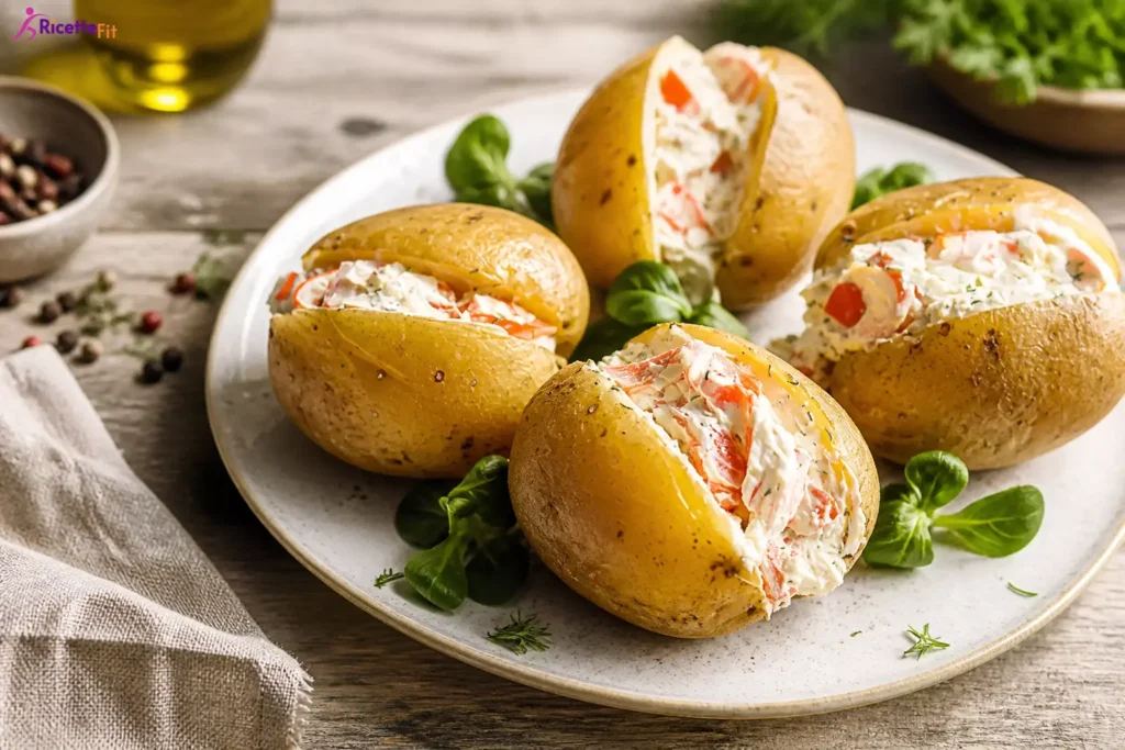 Patate ripiene con salmone affumicato, Philadelphia light e valeriana