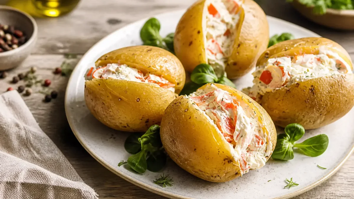 Patate ripiene con salmone affumicato, Philadelphia light e valeriana
