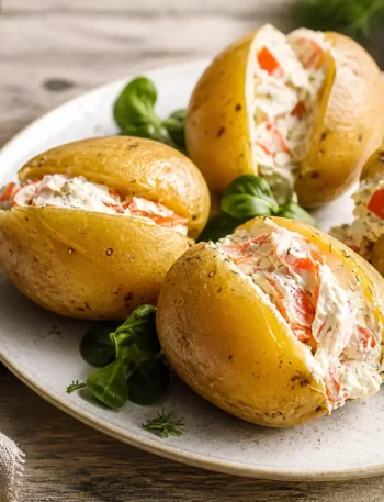 Patate ripiene con salmone affumicato, Philadelphia light e valeriana