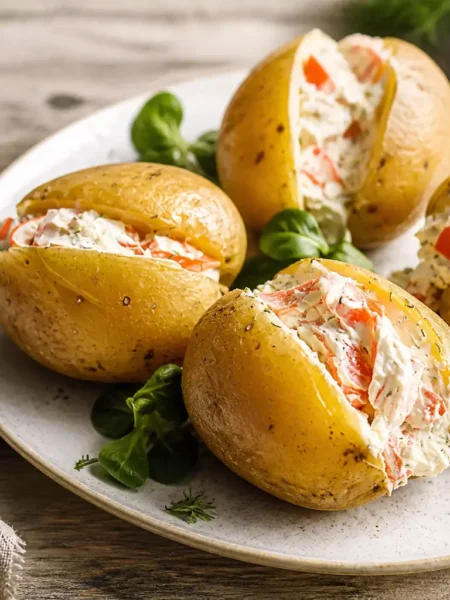 Patate ripiene con salmone affumicato, Philadelphia light e valeriana