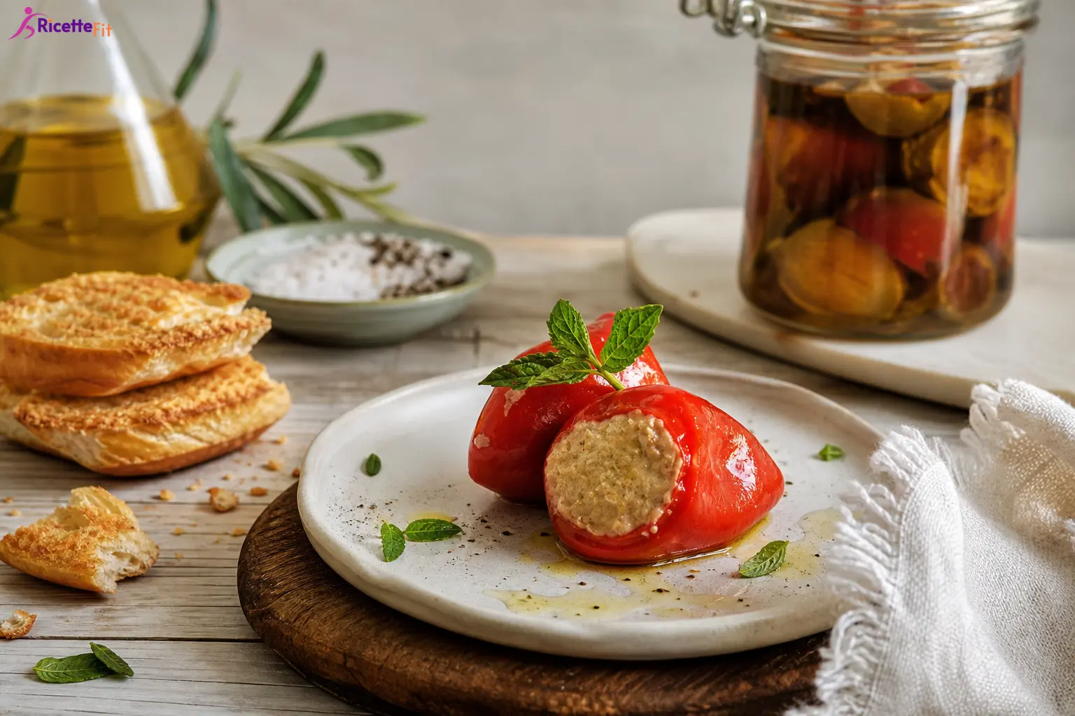 Peperoncini piccanti ripieni di tonno fit con pane integrale tostato
