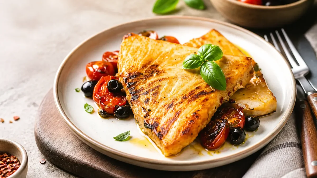 Pesce spada alla siciliana fit con pomodorini, olive nere e basilico fresco
