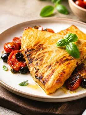 Pesce spada alla siciliana fit con pomodorini, olive nere e basilico fresco