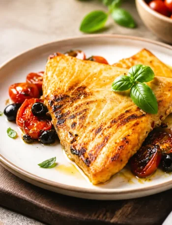 Pesce spada alla siciliana fit con pomodorini, olive nere e basilico fresco