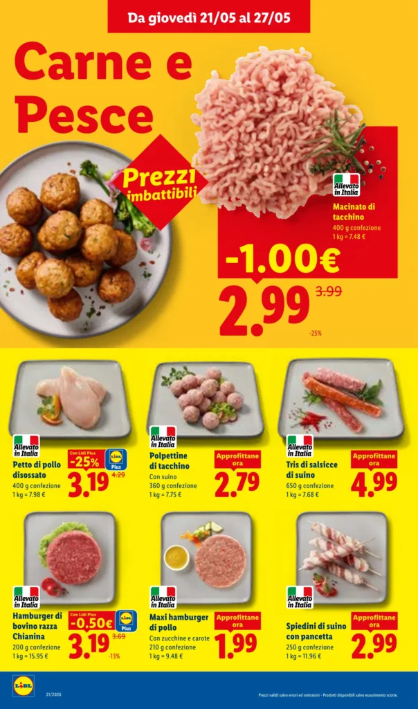 Volantino Lidl Carne e Pesce con offerte su petto di pollo disossato, macinato di tacchino e hamburger in promozione dal 21 al 27 maggio