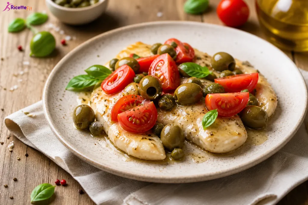 Petto di pollo con capperi, pomodorini, olive verdi e basilico