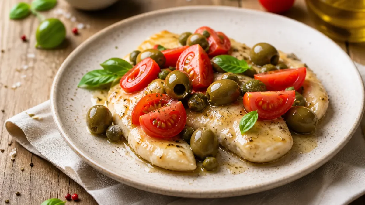 Petto di pollo con capperi, pomodorini, olive verdi e basilico