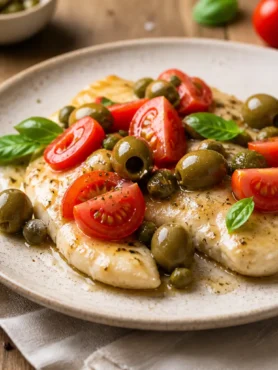 Petto di pollo con capperi, pomodorini, olive verdi e basilico