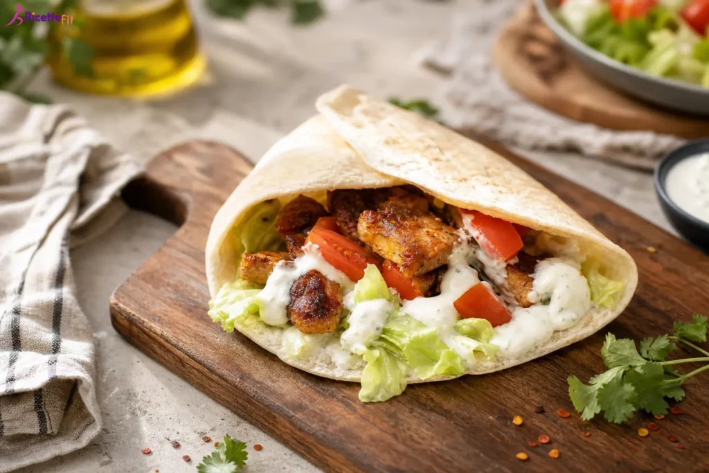 Piadina con tempeh speziato, lattuga, pomodoro e salsa tzatziki fit