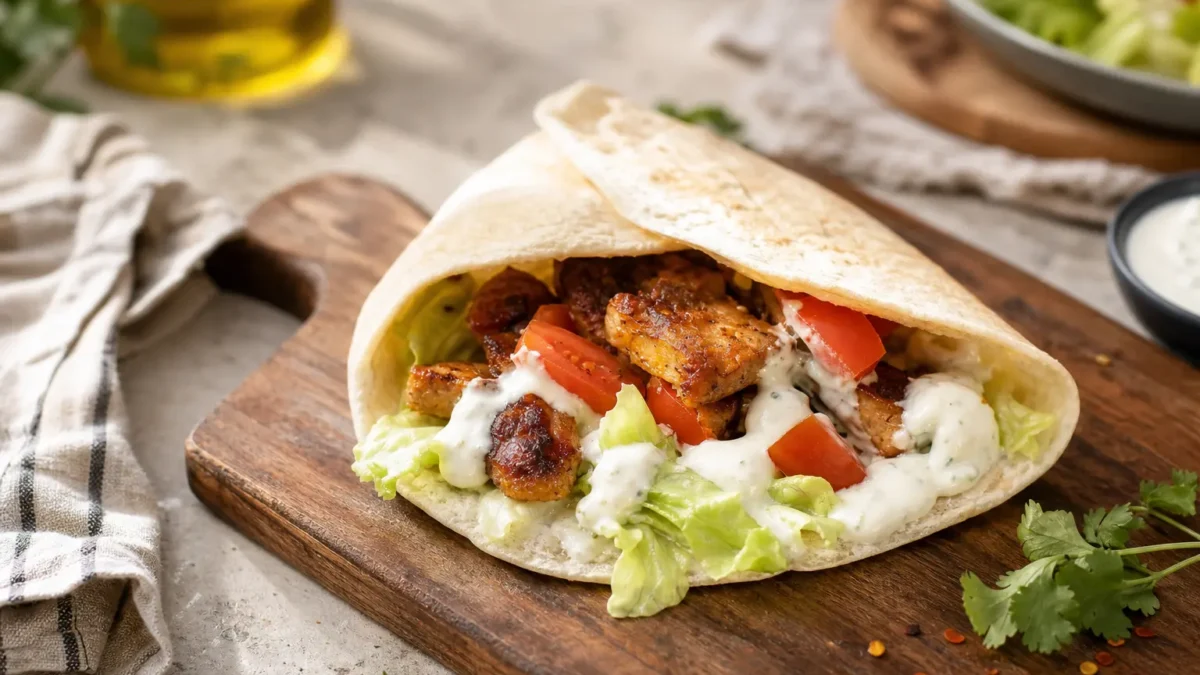 Piadina con tempeh speziato, lattuga, pomodoro e salsa tzatziki fit