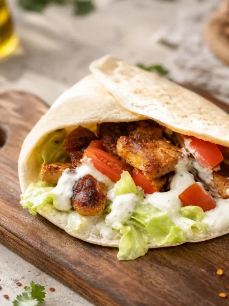 Piadina con tempeh speziato, lattuga, pomodoro e salsa tzatziki fit