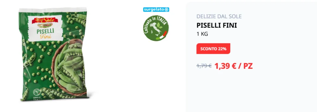 Confezione di piselli fini surgelati Delizie dal Sole da 1 kg in offerta Eurospin a 1,39 euro con sconto del 22%.