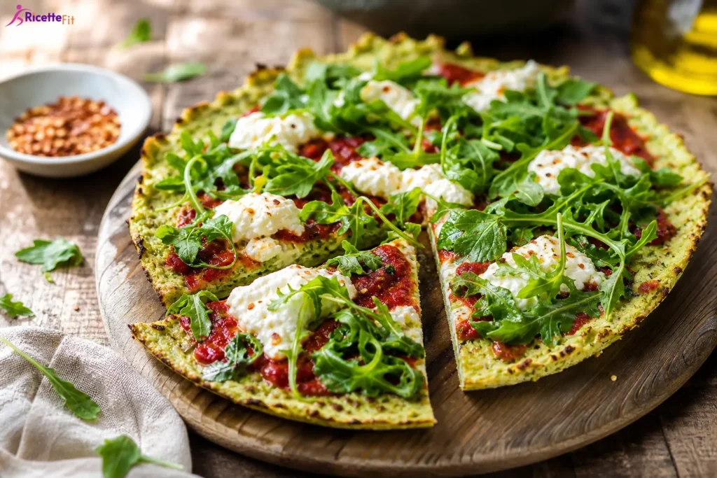 Pizza di cavolfiore fit con ricotta, pomodoro e rucola fresca