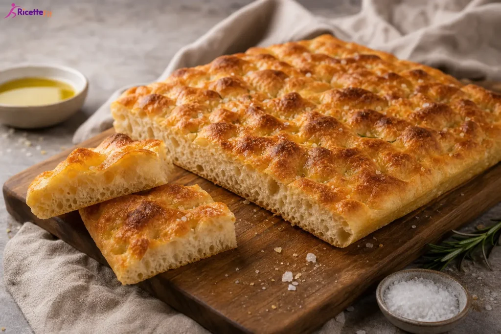 Pizza focaccia senza impasto alta e alveolata con rosmarino