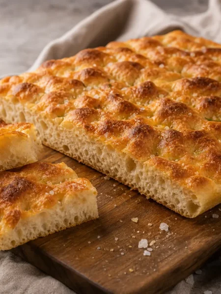 Pizza focaccia senza impasto alta e alveolata con rosmarino