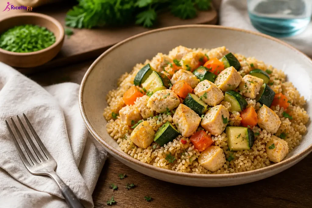 Poke bowl di quinoa con pollo, zucchine e carote