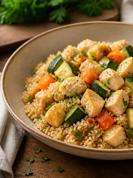 Poke bowl di quinoa con pollo, zucchine e carote