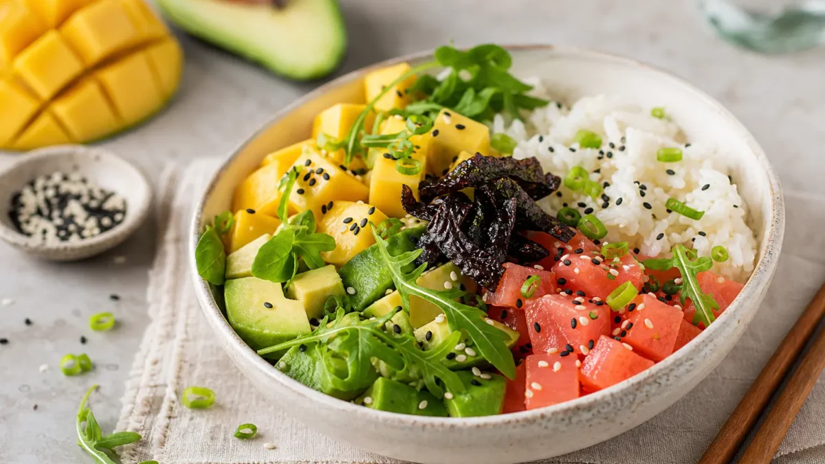 Poke bowl proteica con salmone marinato, avocado, mango e riso sushi