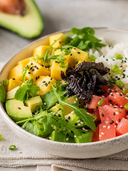 Poke bowl proteica con salmone marinato, avocado, mango e riso sushi