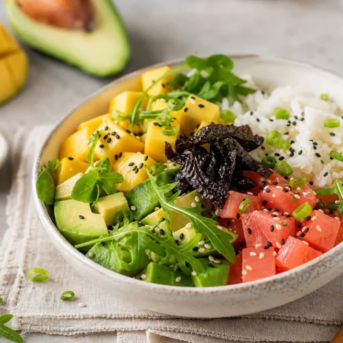 Poke bowl proteica con salmone marinato, avocado, mango e riso