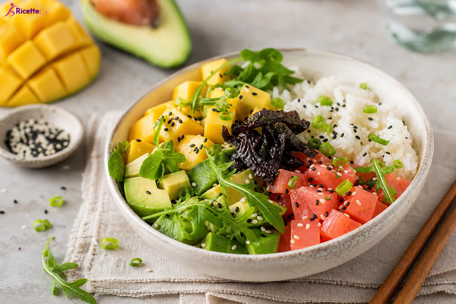 Poke bowl proteica con salmone marinato, avocado, mango e riso sushi