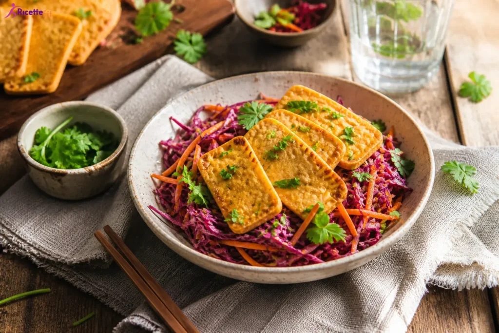 Poke bowl proteica con tofu dorato, cavolo rosso e carote