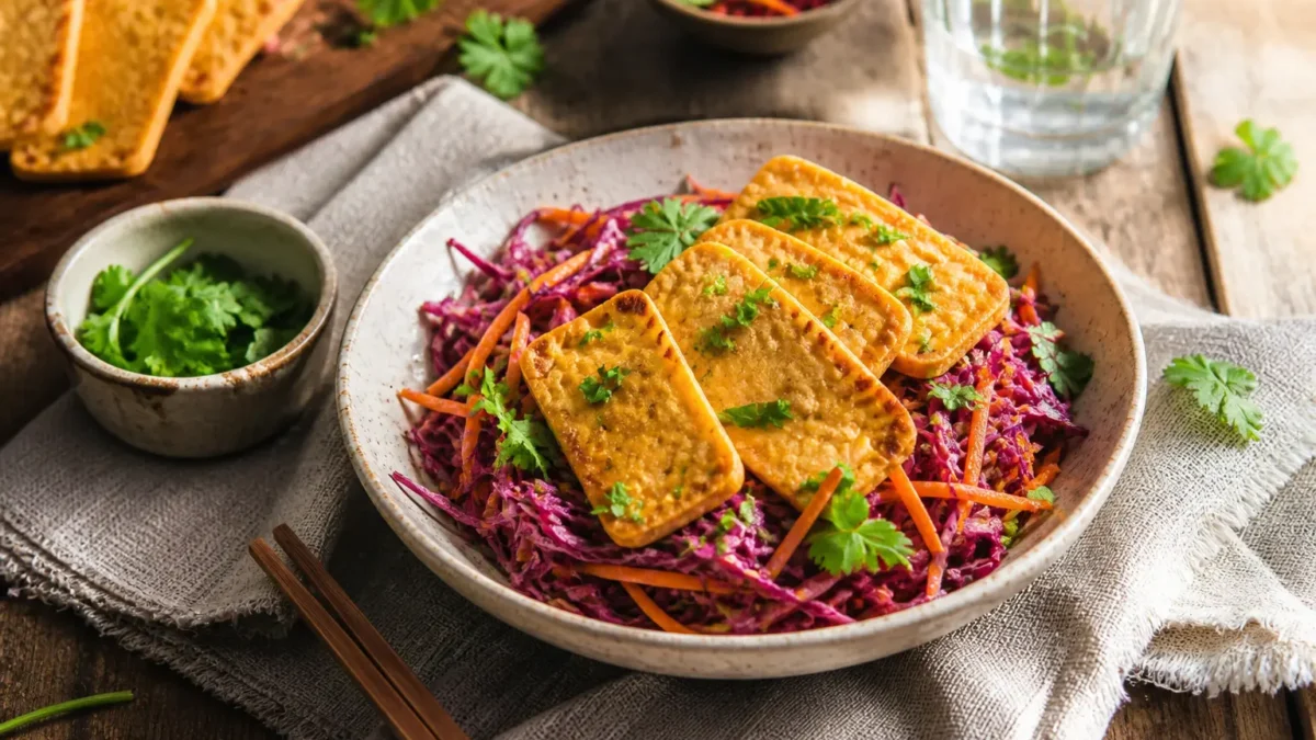 Poke bowl proteica con tofu dorato, cavolo rosso e carote